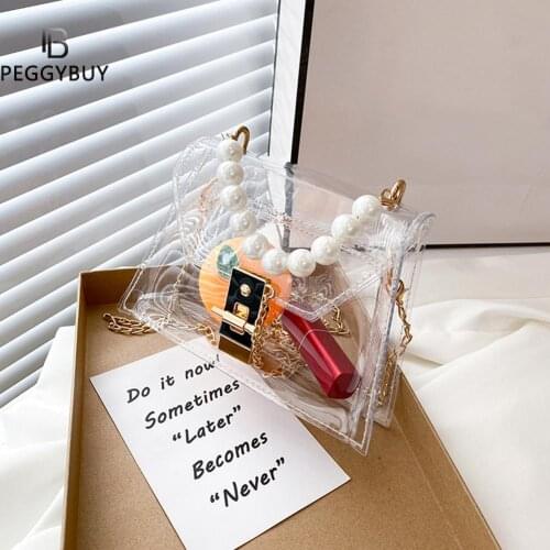 Women Summer Candy Color Transparent PVC Jelly Shoulder Crossbody Bag Ladies Casual Pearl Chain Mini Purse Flap Handbags