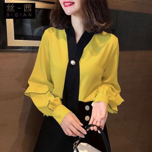 Womens Spring Summer Style Chiffon Blouse Shirt Womens Ruffles V-Neck Long Sleeve Loose Patchwork Casual Tops DD8444