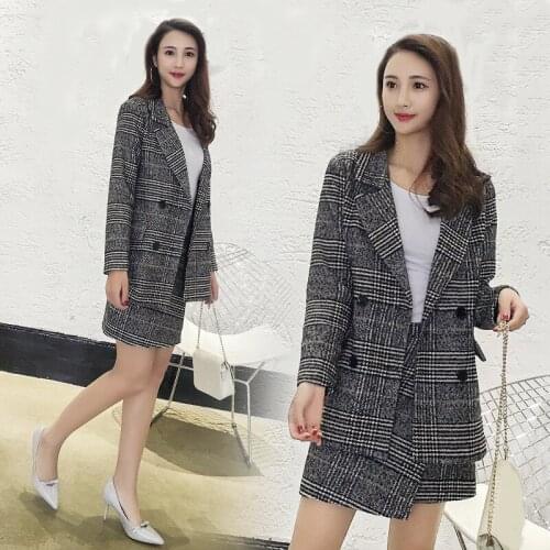 High quality Hot Selling new 2017 vertical stripes long suit jacket half skirt suit ladies fashion casual suit+skirt 2 piece set