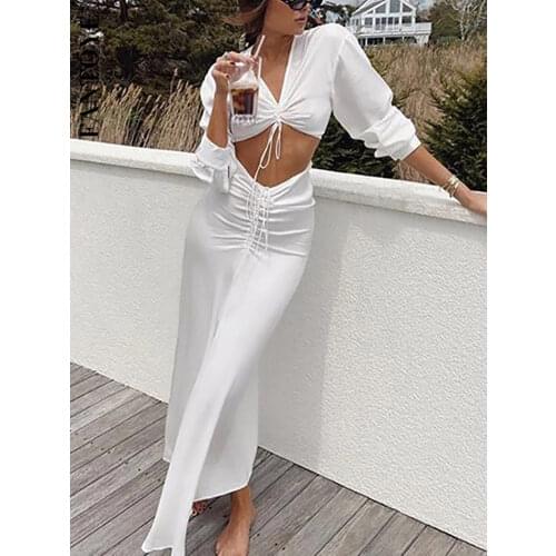 FANTOYE Hollow Out Ruched Party Dress Women Elegant Elastic Long Sleeve Maxi Dresses For Women Sexy V-Neck Bodycon Long Dress
