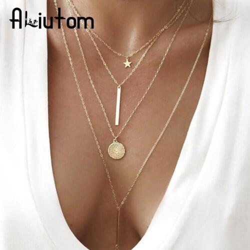 ALIUTOM 2020 Vintage Bohemian Multilayer Round Star Necklace Ladies Layered Gold Long Rod Pendant Fashion Collar Costume Jewelry