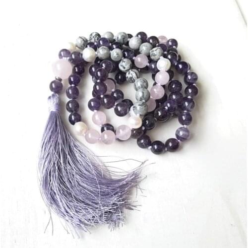 Amethysts & J-asper Mala Beads Knotted Necklace 108 Beads With Handmade Tassel Necklace Boho Jewelry For Women Girl Gift