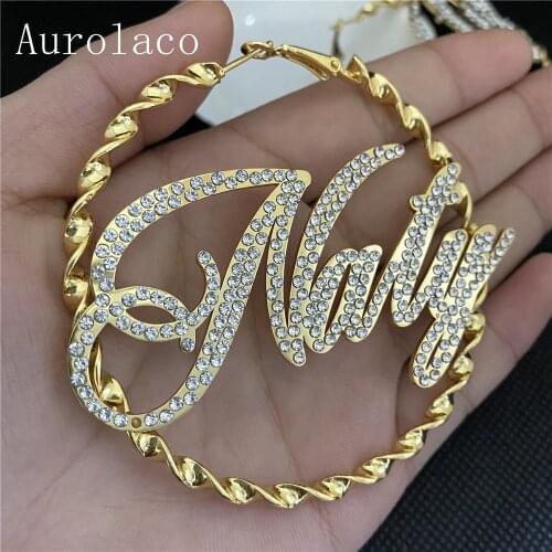 AurolaCo Custom Name Earrings with Diamonds Custom Bling Name Hoops Earrings Custom Name Earrings Jewelry For Women Gift