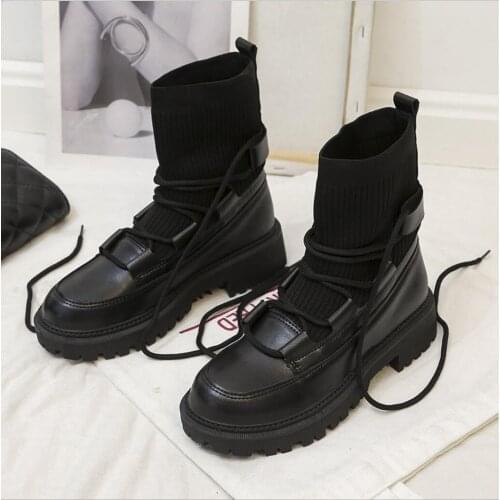 British Style Martin boots womens Autumn Socks Shoes 2021 New Thick-Soled Lace-Up Short Boots Knitted Stretch Motorcycle Boots