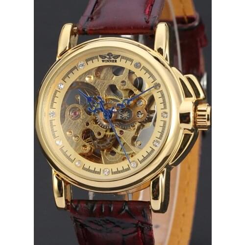 Casual Man Woman WINNER Watch Luxury Golden Dress Hollow Self Wind Mechanical Fashion Business Leather Watch Waterproof