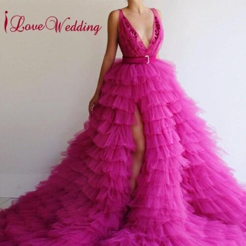 Robe De Soiree Sexy V Neck Prom Party Gown Custom made A Line Tulle Layered Skirt Evening Dress for Party Formal Dress