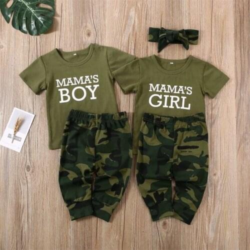 2Pcs Summer Baby Girls Boys Clothes Set Mamas Boys Girls Printed T-Shirt Camouflage Pants+Headband Toddler Infant Outfit Sets