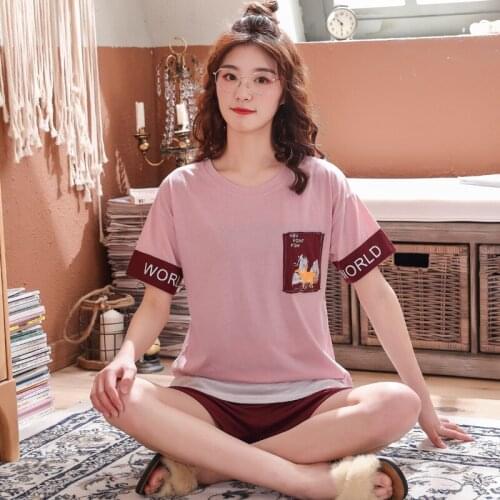 Summer Cartoon Pyjamas Women Cotton Pajamas Set Short Sleeve Round Neck Casual Soft Sleepwear Loose Sweet Plus Size Pyjama Femme