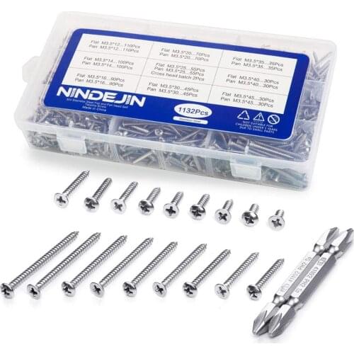 1132Pcs/set 304 Stainless Steel Screw Set M3.5 Flat Pan Head Self-tapping Screw Philips Screws Assortment Kit Wood Screws