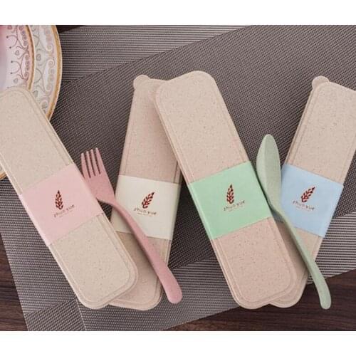 Exquisite Health Environmental Wheat Platycodon Straw Cutlery Set Portable Camping Tablewarel Spoon Fork Chopsticks Custom Logo