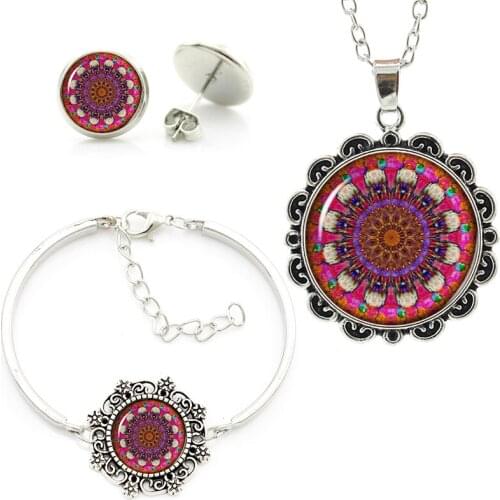 Bohemian style colar mandala indian jewelry sets religious Sacred geometry art flower bracelet earrings necklace jewelry set