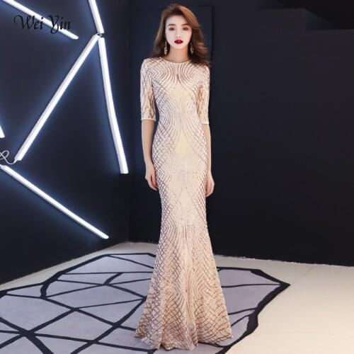 Weiyin 2021 New Womens Elegant Mermaid Champagne Sequins Dress Half Sleeve Evening Dress Party Long Prom Dress WY1464