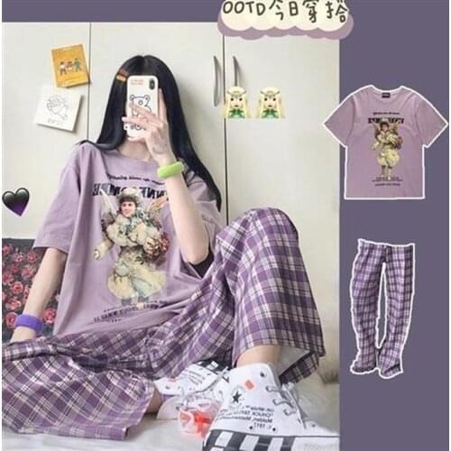 Korean Pajamas Women New Summer Cute Cartoon Print Pyjamas Girls Kawaii Plaid Pijamas Plus Size Sleepwear Sets 2 Piece Home Suit