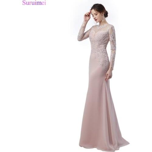 Long Sleeves Prom Dresses Fashion Lace Applique Sheer Illusion Back See Through Long Mermaid Blush Pink Formal Prom Gown