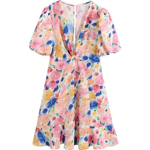 Sleeve Back Zipper Female Dresses Women Sexy V-Neck Floral Print Ruffled Mini Dress Short Vestidos