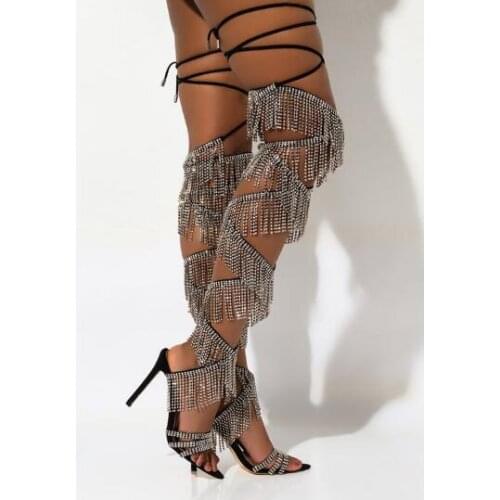 Drop Shipping Woman Fashion Bling Bling Drill Stripe Tassel Lace Up Over The Knee Boots Crystal Thin Heels Long Sandals Boots