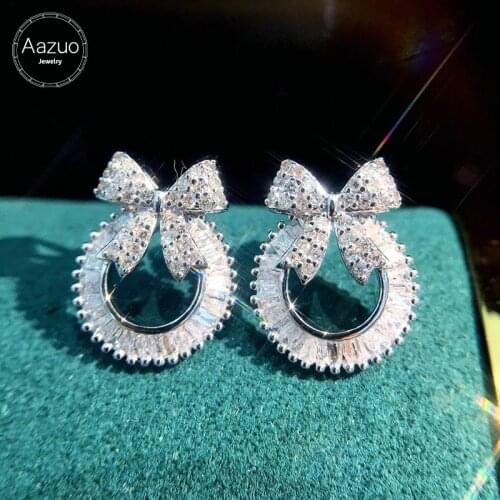 Aazuo Real 18K White Gold Real Diamond 0.8ct Fairy Bowknot & Round Stud Earrings gifted for Women Engagement Wedding Party Au750