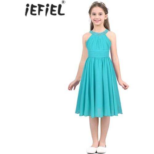 Kids Girls Children Teens Sleeveless Flower Shaped Rhinestone Chiffon Dress Elegant Party Pageant Formal Wedding Princess Dress