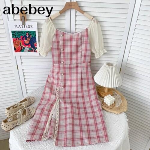 Vintage square collar short sleeve Dress lace patchwork single breasted high waist mid-long split Dress 2021 New Spring Autumn