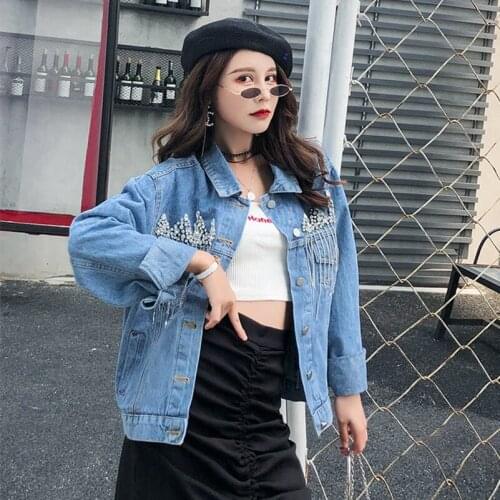2020 Fashion The New Loose Beading Diamond Chain Tassel Denim Jacket Free Shipping