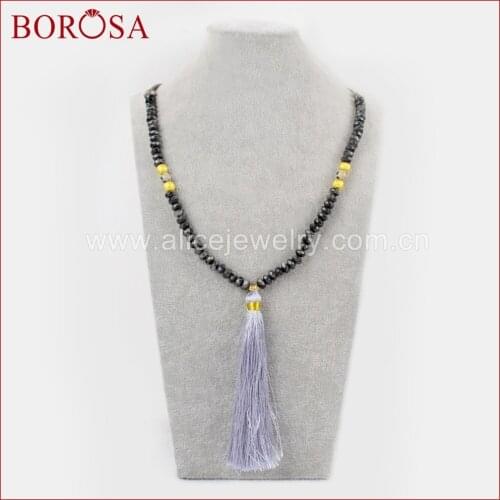 BOROSA 10PCS Handmade 31inch Leather larvikite & Dalmatian Jaspers Beaded Gray Tassel Necklace Drusy Jewelry for Women G1548
