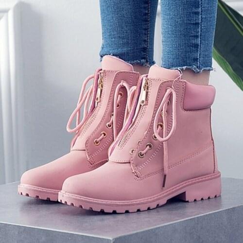 Autumn Winter Women Boots Trend Zipper Deisgn PU Leather Shoes Ladies Ankle Boots Pink Woman Boot Womens Platform Heels