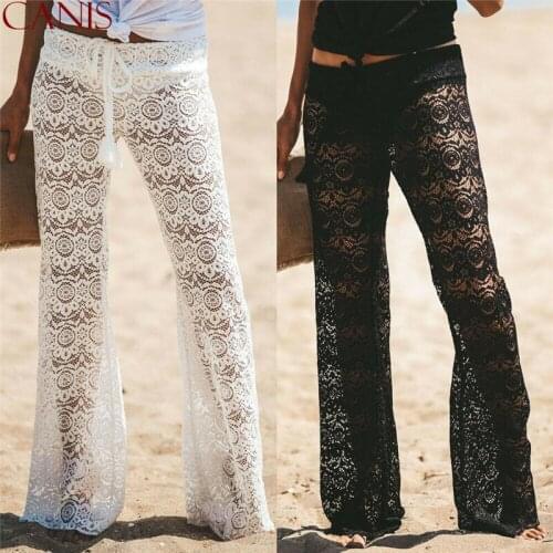 Womens Crochet Sheer Trousers Holiday Beach Wide Leg Bikini Cover Up Pants