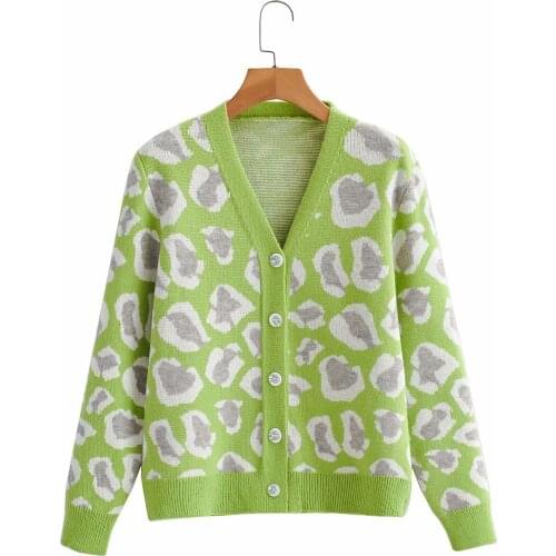 2021 Spring Autumn New Outerwear Long Sleeve V-neck Leopard Jacquard Knitted Sweater Cardigan Women Korean Style Fashion Clothes