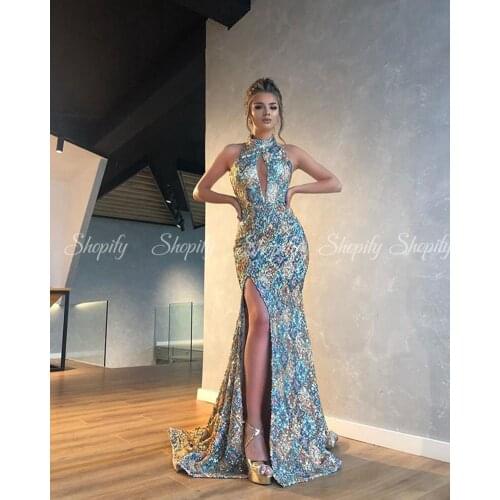 Sexy Mermaid Party Formal Evening Gowns High Neck Side Slit Sequin Arabic Dubai Women Long Dresses Evening 2020