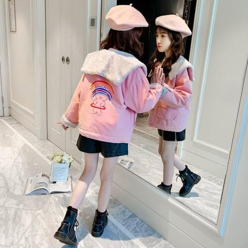 Girls winter new solid color jacket Girls plus fleece warm jacket Girls lamb wool casual jacket Girls windbreaker