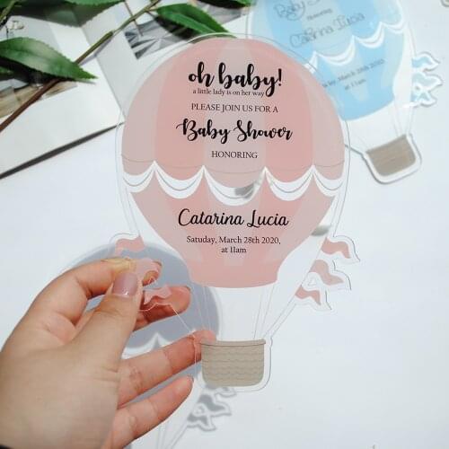 Free shipping hot air balloon acrylic personalized printing clear acrylic wedding invitation card with vellum paper wrapper