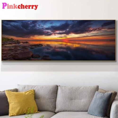 100% Square Round Diamond Painting Natural Gold Sky Sunset 5d Diamond Embroidery Mosaic pattern Lake Tree Landscape 3d Art