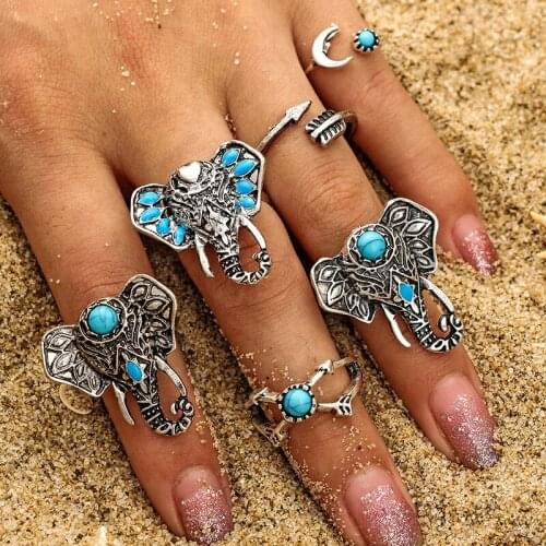 6PCS/SET Bohemian New Trendy Crack Stone Finger Rings For Women Punk Elephant Arrow Shaped Rings Set Fashion Jewelry