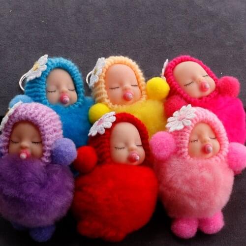 Sleeping Baby Doll Keychain Pompom Rabbit Fur Ball Key Chain Car Keyring Women Holder Bag Pendant Charm jewelry porte clef