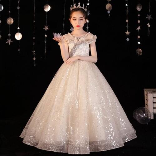 Children Girls Luxury Embroidery Sequined Design Champagne Color Birthday Wedding Party Princess Dress Kids Teens Piano Dress