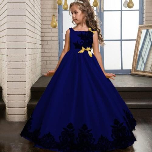 Explosion style childrens long wedding dress, big girl black lace applique princess dress