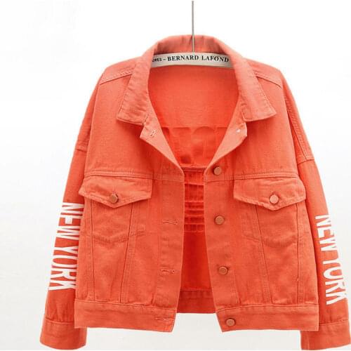 Spring Short Denim Jacket Women Autumn Cotton Student Jeans Outwear Letter Print Loose Casual Top Grass-green Orange 2021 New
