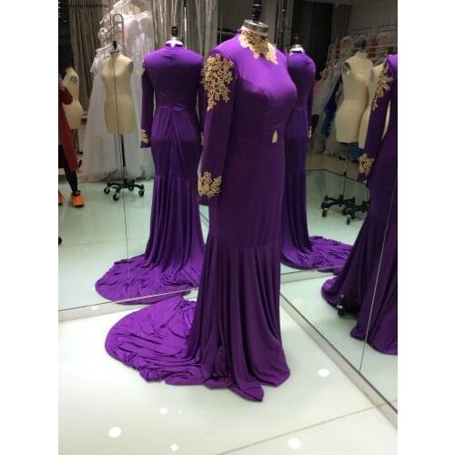 Purple Evening Dress New Design Long Sleeves Applique High Neck Party Gown Custom Made Plus Size