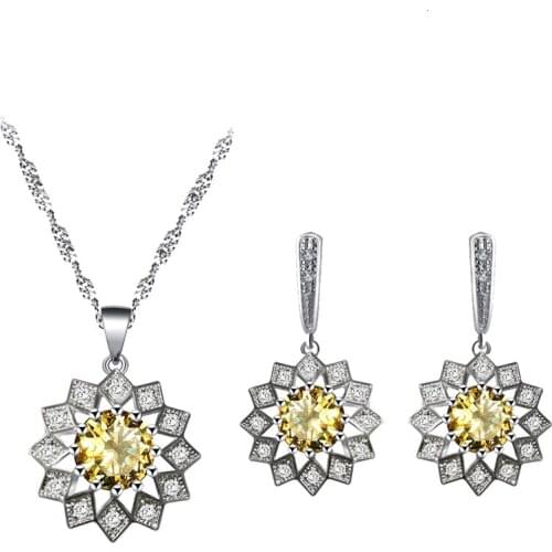 Yellow flowers silver plated zircon earrings necklace pendant jewelry set fashion wedding gift JS834
