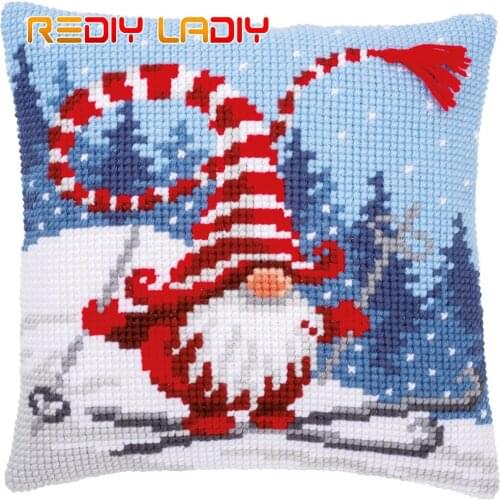Cross Stitch Cushion Cover Santa Gnome Skiing Pillow Case Pre-Printed Canvas Acrylic Thick Yarn Cross-stitch Needlepoint Kits