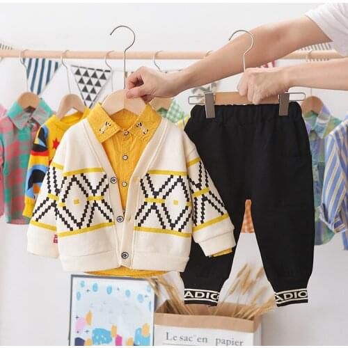 Baby boy clothes spring autumn fashion printed shirt suit three-piece knitted sweater suit for boys childrens clothes baby suit