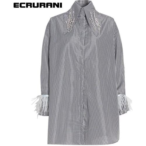 ECRURANI Casual Striped Tassel Dresses For Women Lapel Long Sleeve Hit Color Loose Diamonds Dresses Female 2021 Fashion Clothing