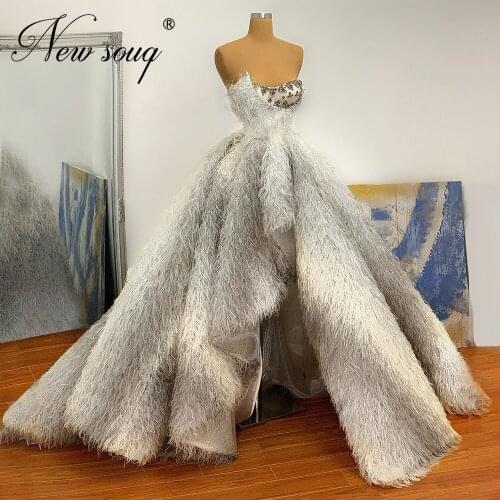Luxury Full Feathers Evening Dress 2021 Custom Made Dubai High Low Prom Dresses Arabic Middle East Robes Women Dubai Party Gowns