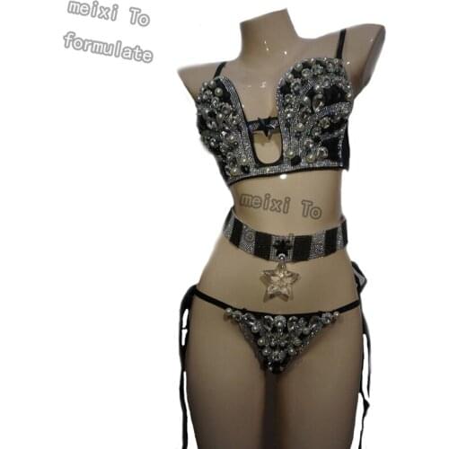 Sexy shiny black star rhinestone pearl bar nightclub concert singer dancer costume