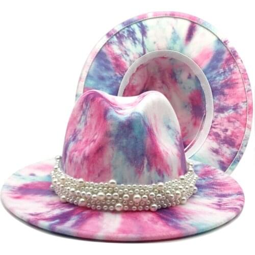 Fedoras tie dyed fedora hat felt hat for women color mixed jazz hatchapeau femme шляпа женская sombreros de mujer pearl hat