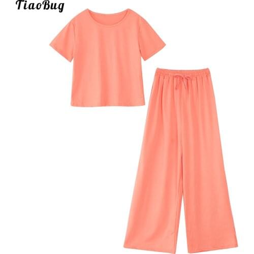 TiaoBug 2Pcs Women Summer Casual Suit Round Neck Short Sleeves Cropped T-Shirt And Loose Pants Set For Gym Yoga Fitness Sport
