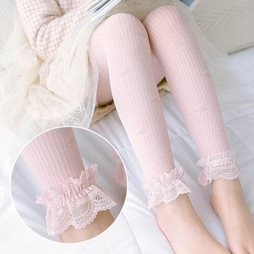 Summer velvet thin vertical striped butterfly lace leggings childrens outer wear western-style girls nine-point princess socks