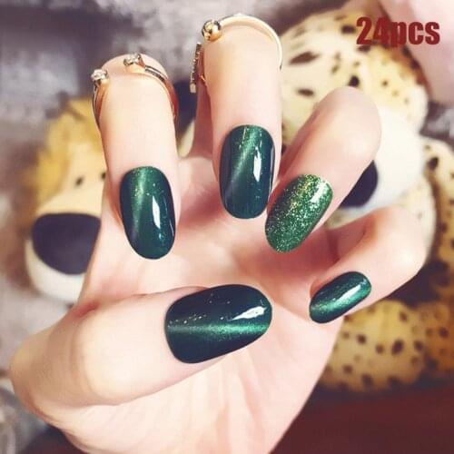 Magic Cats Eye Effect Green Phototherapy False Nails Press On Full Cover Chameleon Manicure Fake Daily Finger Wear Nail Tips