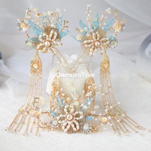 2021 chinese wedding bride crown headband hair combs accessories traditional women pearl hairpins tassels hair stick hair pin