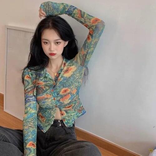 Women Shirt 2021 Summer Full Short Floral Turn-down Collar Shinny Women Blouse Shirt Small Fresh All-match Y2k Tops Girls